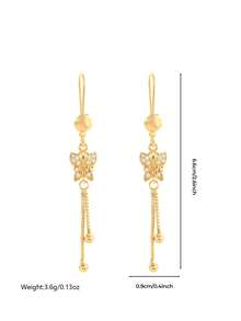 2件套女士24K金蝴蝶耳环，镶嵌宝石，配有垂坠链条，防锈，是情人节、特殊场合和日常佩戴的完美礼物