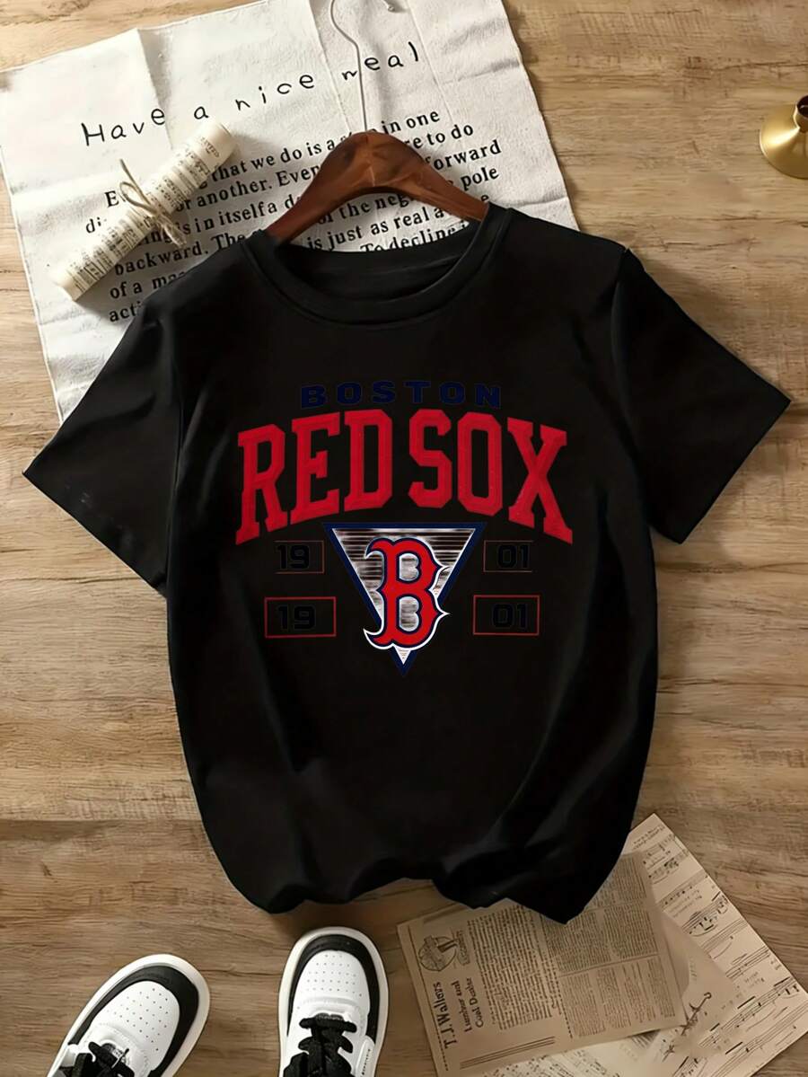 Men's New Casual Sports T-Shirt Boston Red Sox 1901 Baseball Team Logo T-Shirt Men Women Unisex Cotton Short Sleeve Casual Sport ShirtSuitable For Baseball, Ice Hockey, Rugby, Sports Eventsholiday Partiesoutingssports And Other Holiday Gifts - 黑色 - 查看 1