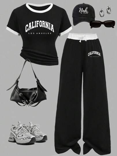 Teen Girl Letter Print Short Sleeve T-Shirt And Pants Casual Outfit