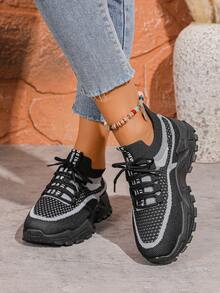 1 par de zapatillas de mujer, zapatillas deportivas casuales cómodas con suela blanda y transpirable, diseño de puño elástico, patrón exquisito, antideslizante y transpirable - Negro - Ver 6