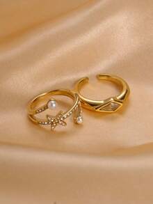 1PC Stylish Sparkling Zirconia Pearl Star-Shaped Micro-Set Stainless Steel Gold Opening Adjustable Ring, Suitable For Girls' Fashionable Commute, Simple Everyday Wear, Exquisite Jewelry Gift