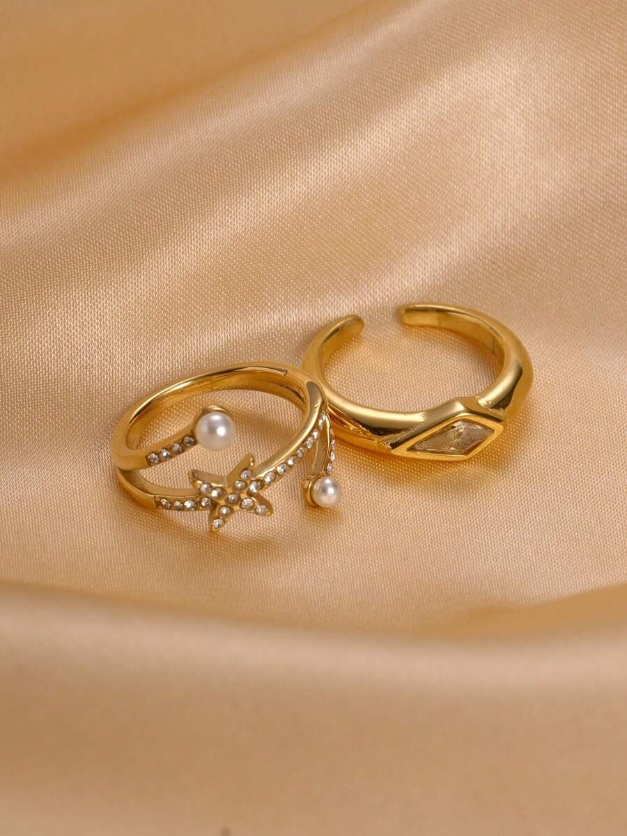 1PC Stylish Sparkling Zirconia Pearl Star-Shaped Micro-Set Stainless Steel Gold Opening Adjustable Ring, Suitable For Girls' Fashionable Commute, Simple Everyday Wear, Exquisite Jewelry Gift