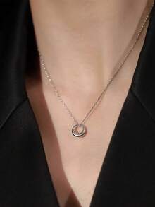 1pc Fashionable Minimalist Hollow Geometric Circle Alloy Chain Necklace For Women, Suitable For Holidays And Daily Wear - 541 Gold and Silver 2pcs - View 6