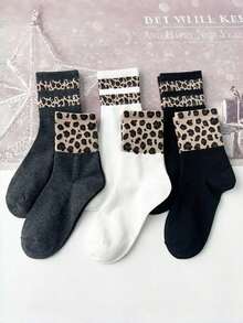 3/6/9 Pairs Leopard Print Mid-Calf Socks, Fashionable Women Socks For Autumn/Winter, Hand Wash & Machine Wash Christmas Gift - Multicolor - View 9