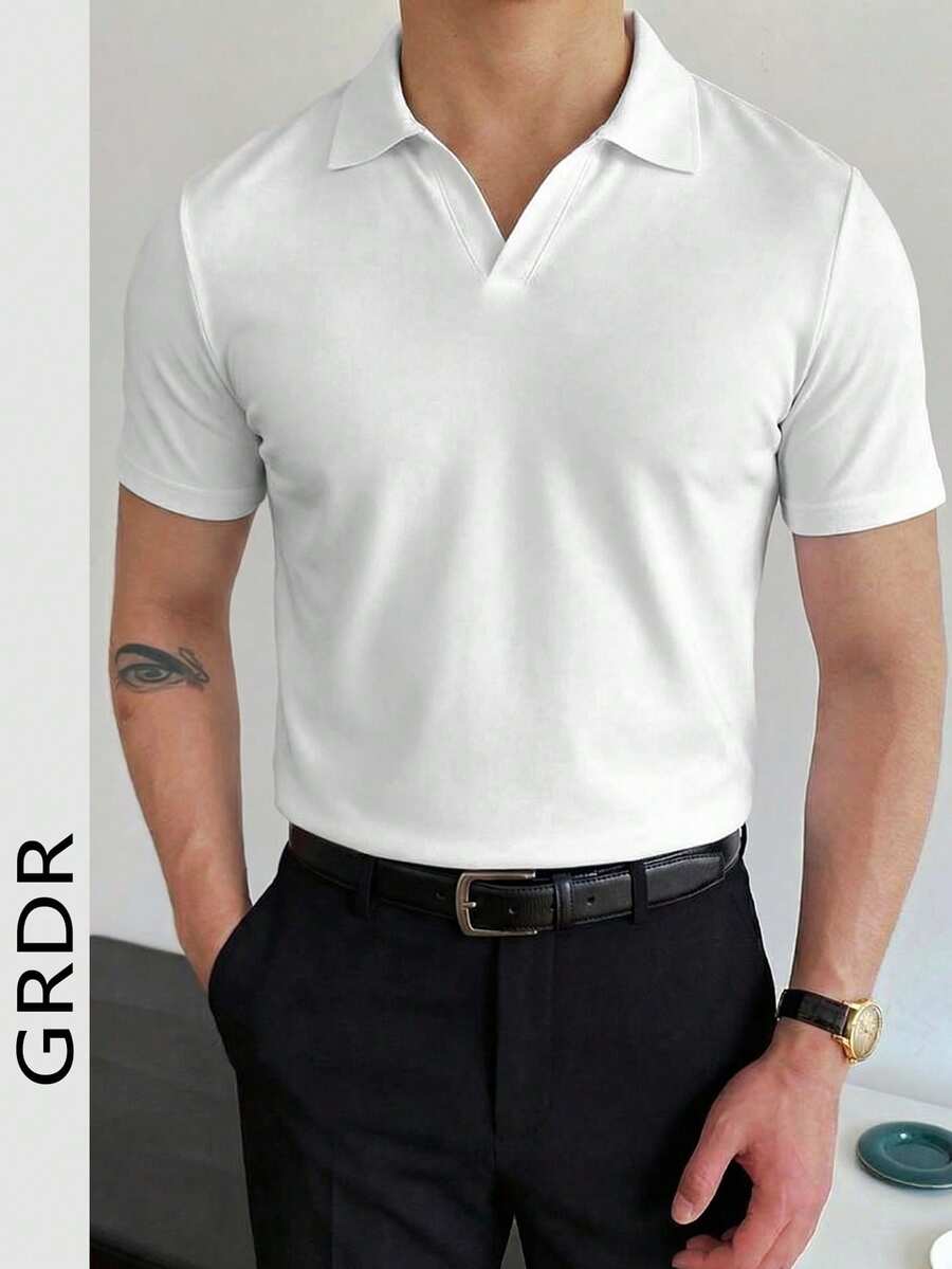 GRDR Men's Casual Solid Color Versatile Polo Collar Short Sleeve T-Shirt - White - View 1