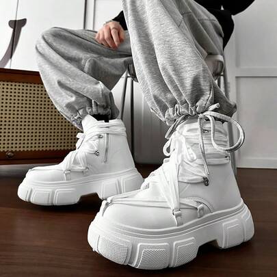 SLnU3 3pcs Men's Fashion Casual Thick Sole Lace-Up Boots, Creative Personalized Punk Style, Suitable For Street, Random Printed Ribbon, Versatile For All Seasons