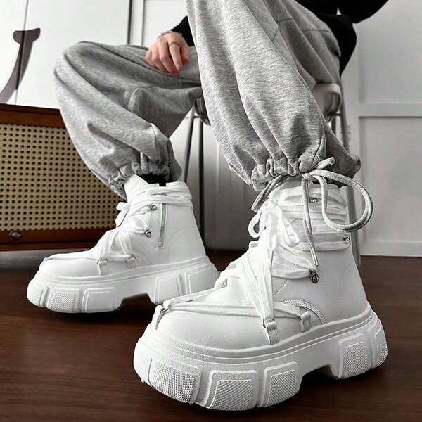 SLnU3 3pcs Men's Fashion Casual Thick Sole Lace-Up Boots, Creative Personalized Punk Style, Suitable For Street, Random Printed Ribbon, Versatile For All Seasons