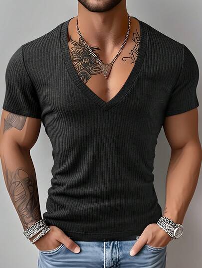 Men's Textured 3X2 Drape Thick Soft Comfortable Stretchy Striped Sexy Deep V-Neck Design Short Sleeve Fashionable Outdoor Sports Slim Fit Athletic T-Shirt