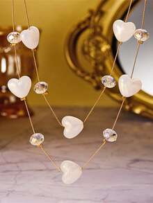 1pc Elegant Minimalist White Crystal Beaded Multi-Layer Heart Necklace, Suitable For Dates, Daily Wear, Gatherings, Parties, Great Gift For Friends, Girlfriends, Valentine's Day - White - View 2