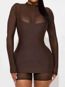 女士休闲棕色半透明圆领长袖两件套连衣裙短裤套装（春季款） - 棕色 - 查看 3