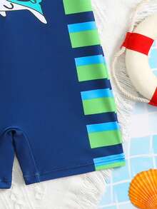 Young Boy Cartoon Shark Print Striped Raglan Short Sleeve Romper Shorts Swimsuit - Green - View 5
