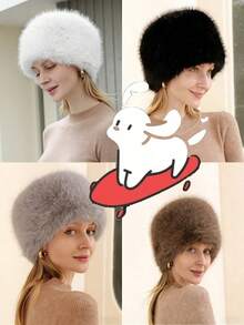 1pc Faux Fur Flat Top Hat, Fluffy Bucket Hat, Thick Warm Ear Protection Round Top Beanie