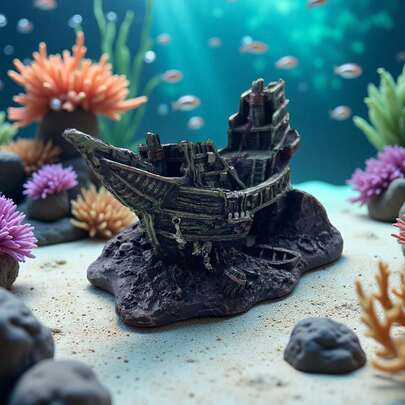 沉船水族箱装饰品，树脂海盗船摆件，微型水下场景配件，适用于海水和淡水鱼缸