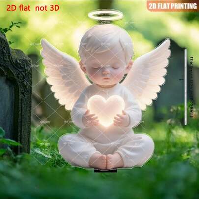 Tượng thiên thần 2D phẳng, 1 chiếc, trang trí sân vườn tưởng niệm có trái tim phát sáng - Trang trí mộ trong nhà/ngoài trời tự phát sáng, tượng thiên thần bằng nhựa vinyl với đế phát sáng, không cần điện, bia mộ bền bỉ quanh năm, thích hợp cho Lễ Phục Sinh, Giáng Sinh, Sinh Nhật và tưởng nhớ người thân yêu - Quà tặng chia buồn lãng mạn, thiên thần bằng nhựa bền với thiết kế trái tim phát sáng, dễ dàng lắp đặt trên mặt đất, 2D phẳng