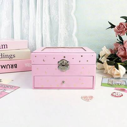 1pc Square Foil Unicorn Music Box, Cute Horse, Star, Moon Design Paper Octagonal Toy Box With Pull-Out Drawer, Built-In Mirror And Rotating Horse, Jewelry And Trinket Storage, Decorative Piece For Desk, Party, Holiday, Wedding, Gift