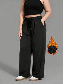 Winter Plus Size Women's Thermal Lined Casual Sweatpants, Drawstring Waist, Wide Leg, Outdoor Running Workout Pants With Multiple Pockets, Suitable For -5°C, Autumn/Winter - Black - View 6