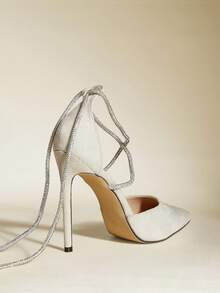 Pointed Toe Thin High Heel Solid Color Hollow Out Rhinestone Strap Beige Women's High Heel Shoes, Sexy & Fashionable For Party Outfit,Mothers Day Gift - Beige - View 3