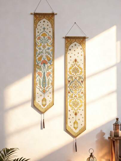 1/2 波西米亚风格星形挂毯，精致的花卉和星星图案横幅，复古流苏灯笼图案挂毯，优雅的家居装饰，适合客厅和卧室，非常适合波西米亚和神秘主题的空间，也适合作为节日和派对的墙面装饰，是送给朋友和家人的绝佳礼物。