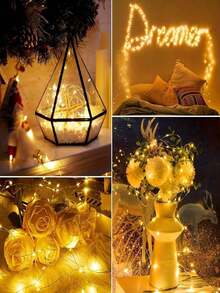 10 Battery Powered LED Mini String Lights Flashing Copper Wire Firefly Star Lights Suitable For Mason Jar Wedding Party Christmas Table Decoration, LED Fairy Lights, 100cm Silver Wire String Mini Lights Suitable For Bedrooms, Weddings, Mason Jars, DIY Crafts, Valentine's Day Scene Decoration, Flowers, Party Decoration, Yellow Lights, Fairy Lights Battery Powered String Lights Mason Jar Lights Silver Wire Lights Firefly DIY Parties Wedding Lights - 黃色 - 查看 3