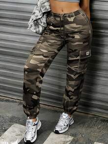 Women's Camouflage Cargo Casual Pants, Featuring Large Patch Pockets, An Elastic Drawstring Waistband, And A Tapered Cuff, Suitable For Daily Outdoor Leisure Activities. - 卡其迷彩 - 查看 3