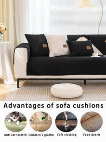 1pc Thick Flannel Solid Color Sofa Cushion, Style Pet-Friendly Anti-Dirty Anti-Slip Sofa Cover, Autumn/Winter Anti-Scratch Sofa Protector Suitable For L-Shaped Combination Sofa And 1/2/3/4 Seat Sofa (1 Piece Sell) - Black - View 6