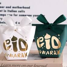 10 Pieces Of Eid Al Fitr Mubarak Mini Gift Box, Black, White, Green Paper With Ribbon, Perfect For Ramadan Candies, Chocolates, Special Souvenirs, Gift Bags - Multicolor - View 5