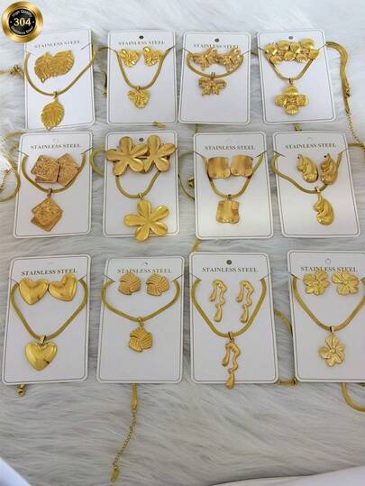 Juego de collar y aretes con corazón floral 3D chapado en oro de acero inoxidable, regalo de cumpleaños o festivo para tu mejor amiga