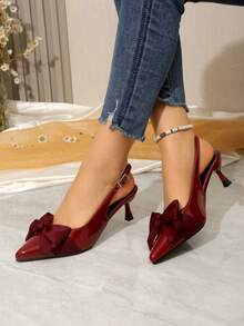 2026 New Women's Pointed Toe Slingback High Heel Pumps, Solid Color Glossy Bowknot Elegant Dress Shoes, Spring/Summer - Burgundy - View 3