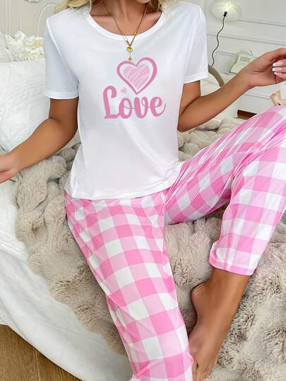 2pcs Women Heart Print Plaid Short Sleeve Top And Pants Pajama Set, Casual And Comfortable Home Wear