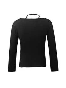 性感撞色蕾丝长袖T恤，修身剪裁，优雅时尚 - 黑色 - 查看 8