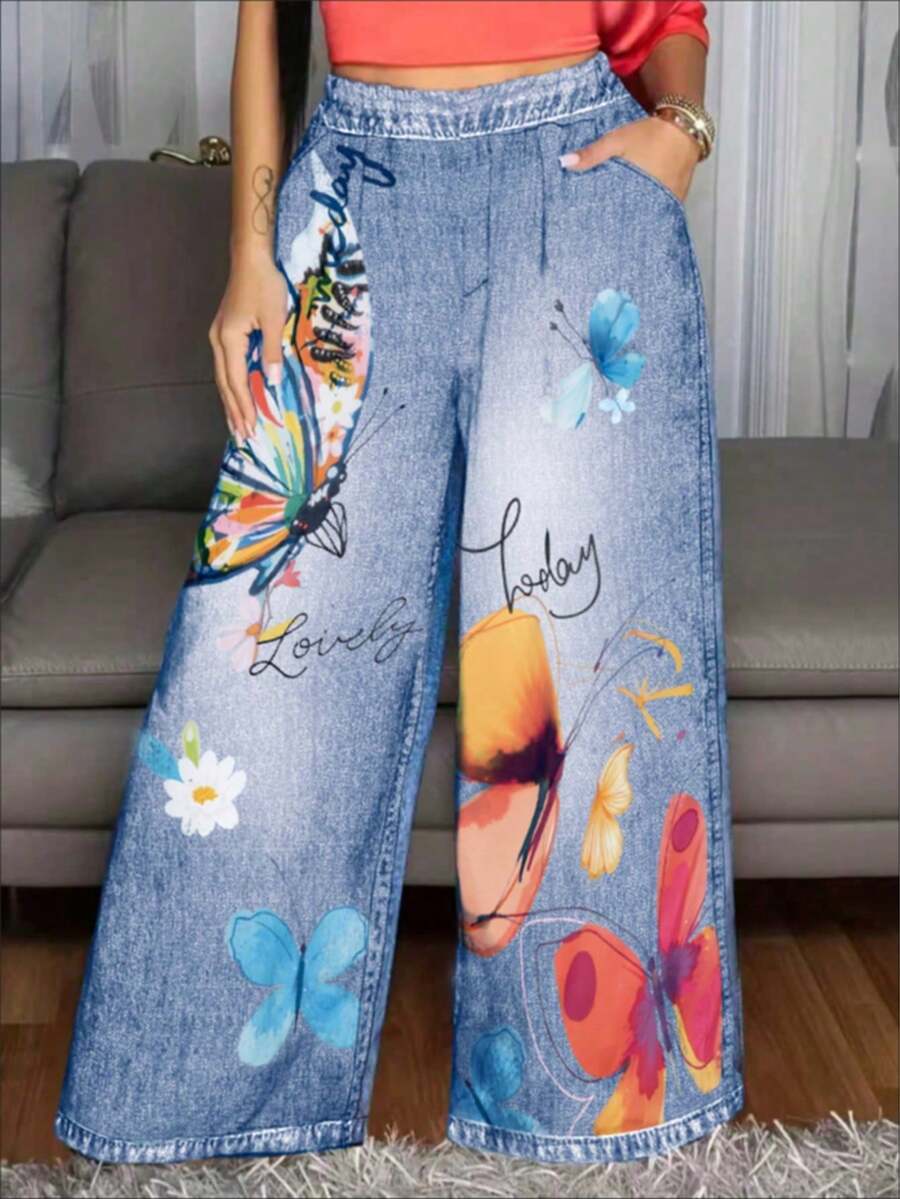 大尺碼女款休閒花卉印花直筒牛仔褲，時尚口袋設計，適合四季穿著，抽象水彩字母與蝴蝶圖案口袋，動物牛仔布效果，適用於派對、約會、假日、居家、日常穿著、單身派對、旅行度假 - 藍色 - 查看 1