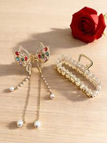 Y2K甜美少女风*汉服美学两件套发夹 - 流苏彩色宝石蝴蝶发夹 & 镶满水钻方形发夹 金色闪亮ins风发饰 汉服/日常/约会/派对发饰 度假发夹 时尚发夹 - 彩色 - 查看 3