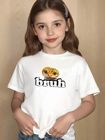 A fashionable and elegant T-shirt, a gift for mom or sister Un gecko leopardo de manchas amarillas vibrantes y ojos curiosos asoma con bruh que aporta un humor juvenil y alegre ropa para ni? os camiseta de 220g regalos de Navidad, Halloween y Año Nuevo,A? o nuevo,navidad, día de los muertos, día de la madre, día del ni? o, acción de gracias(1 piece).