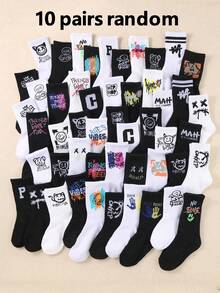20双儿童袜子，涂鸦袜，街头袜，中筒袜，运动袜，带有涂鸦、字母、笑脸图案，适合青少年，男女通用，适合1-16岁儿童，透气、舒适、柔软 - 彩色 - 查看 14