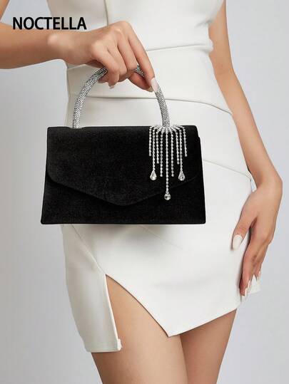 Noctella Luxurious Black Velvet Handbag With Rhinestone-Embellished Handle And Tassel Drop Crystal Accents - An Elegant Evening Accessory Made Of Soft Velvet Fabric, Featuring A Full-Rhinestone Handle And Dangling Drop-Crystal Tassels. It's Perfect For Weddings, Formal Dinners And Party Gatherings. It Is The Best Gift For Women