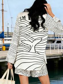 Women's Fashion Casual Beach Vacation Style Mermaid & Star Pattern V-Neck Tassel Shirt And Star Pattern Shorts 2-Piece Set, Spring/Summer - Black and White - View 5