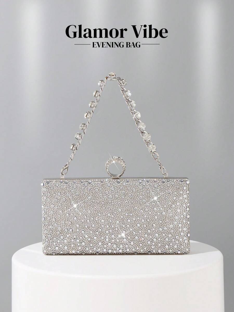 Women's Rhinestone Decorated Clutch Bag, Shiny Box-Shaped Handbag With Gemstone Metal Chain, Perfect For Weddings, Parties, Galas, Dinners, Birthday Gifts, Valentine's Day Gifts, Gatherings, Can Be Used As A Shoulder Bag, Handbag, Clutch, Or Cosmetic Bag