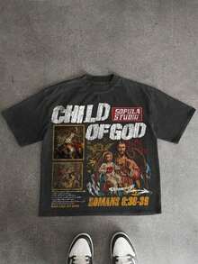 CHILD OF GOD Men's Retro 220g Cotton T-Shirt Y2K Shirt, T-Shirt, Christian Clothes ,Gothic Pun - 黑色 - 查看 1