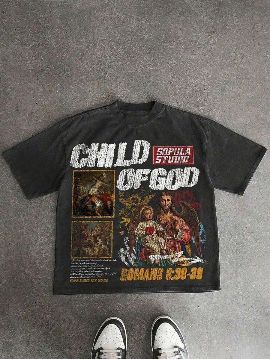 CHILD OF GOD Men's Retro 220g Cotton T-Shirt Y2K Shirt, T-Shirt, Christian Clothes ,Gothic Pun - 黑色 - 查看 1