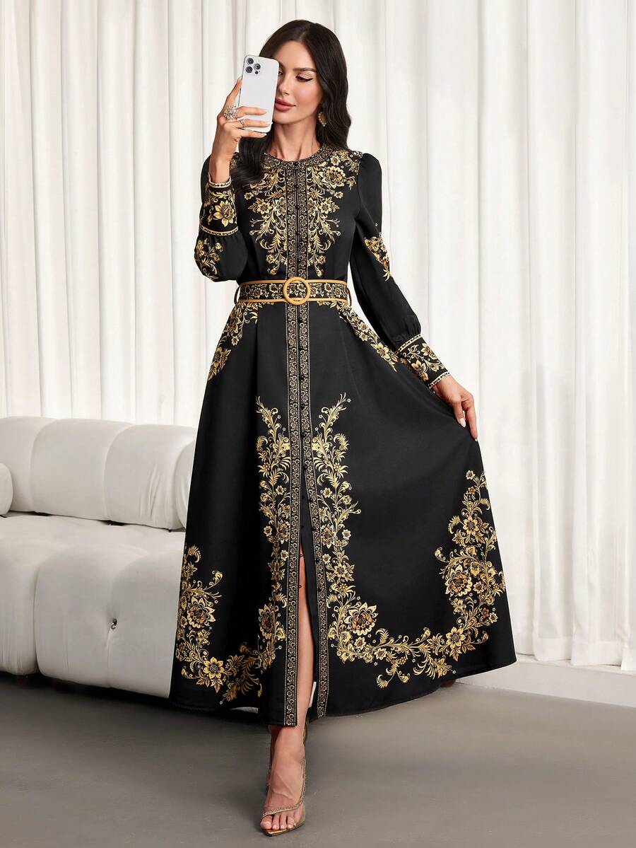 Women's Elegant Retro-Print Shirt Dress – Long-Sleeve, Perfect For Spring & Autumn, Graduation, Daily Wear & Tea Parties Weddings & Events Party Dresses Ramadan Dress Ramadan Clothes