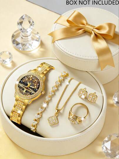 6件套奢华全钻女士黄金腕表套装，包含一款女士石英腕表、一条方形钻石手链、一条方形钻石项链、一枚全钻黄金戒指和一副方形钻石耳环。采用全金和钻石打造，风格奢华精致，尽显魅力。