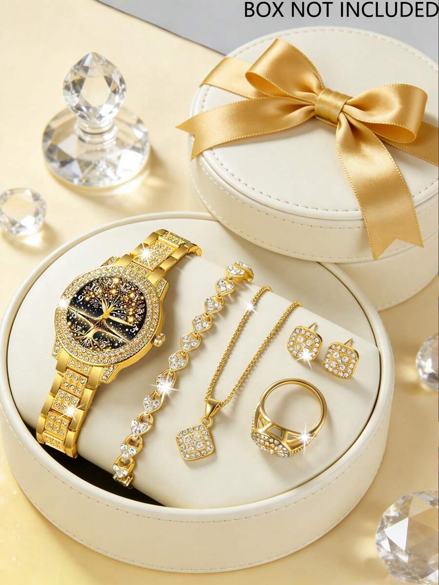 6件套奢华全钻女士黄金腕表套装，包含一款女士石英腕表、一条方形钻石手链、一条方形钻石项链、一枚全钻黄金戒指和一副方形钻石耳环。采用全金和钻石打造，风格奢华精致，尽显魅力。
