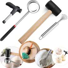 椰子开壳工具套装，不锈钢椰子开壳器，轻松打开嫩椰子和成熟椰子，黑色橡胶锤，椰肉刮刀 - 黑色 - 查看 13