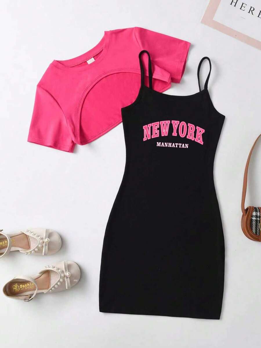 Tween Girls High-Low Hem T-Shirt And Graphic Letter Print Tank Top - Hot Pink - View 1