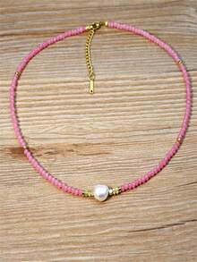 粉色多面水晶养殖珍珠项链，精致颈链，适合作为情人节礼物送给女性 - 多色 - 查看 4