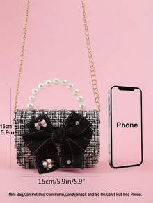 1 chiếc túi xách mini bằng vải, đính nơ, ngọc trai và đá pha lê, chất liệu PU kẻ sọc, khóa bấm, dây đeo dạng xích, kiểu dáng thời trang, thích hợp làm túi tote cho các dịp lễ, sử dụng hàng ngày và quà tặng sinh nhật. - màu đen - Xem 3