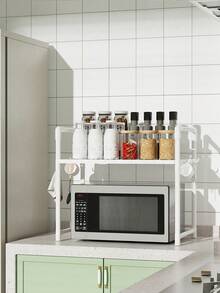 1pc Microwave Oven Rack, 1/2 Tier Microwave Oven Rack, Countertop Kitchen Organizer, Utensil & Tableware Storage Rack, Microwave Oven Rack With 4/8 Hooks - Multicolor - View 4