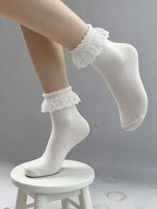 1 Pair Women's Pure White Lace Ruffle Star Trim Cute & Versatile Mid-Calf Socks, New Style For Spring, Summer, Autumn - White - View 10