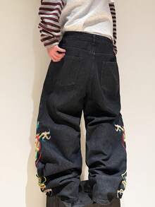 1pc Men's Loose Fit Embroidered Casual Wide Leg Pants, Comfortable Street Style Jeans, Versatile All Season - Black - View 2