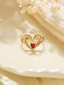 1PC Cute And Fashionable Pearl Pink And Red Zirconia Heart-Shaped Stainless Steel Open Adjustable Gold Ring, Perfect For Girls' Daily Wear, Parties, And As A Delicate Jewelry Gift.